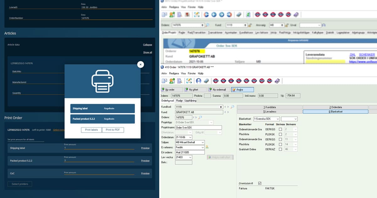 Screenshots from Grafokett both online when choosing a printer as well as the integration in Grafoketts ERP.
