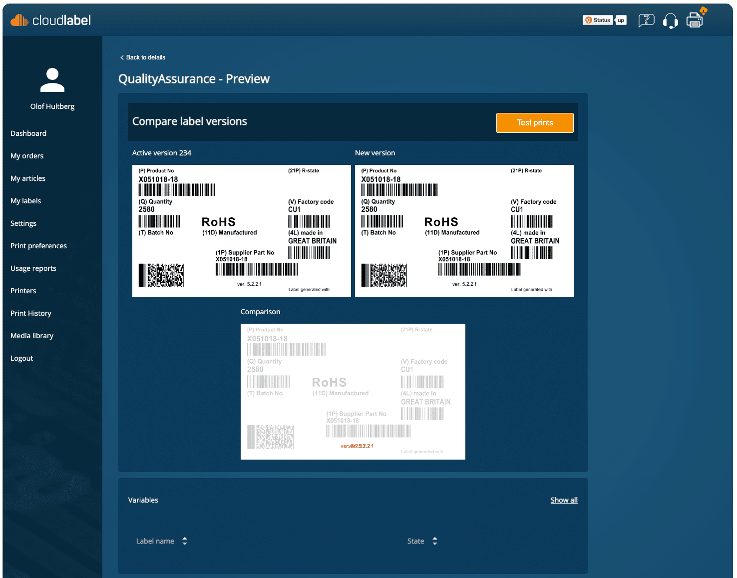 Screenshot-QA Label comparison in Cloudlabel QA label versioning